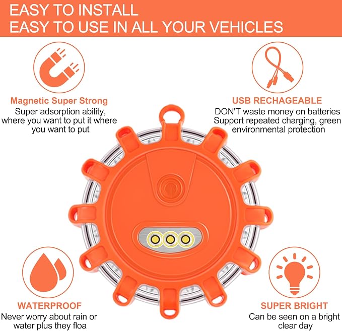 USB Rechargeable LED Road Flares Emergency Lights with Magnetic Base, 9 Strobe Options Roadside Emergency Warning Car Safety Beacon Flashing Disc Flare Kit for Vehicles & Boat (Orange Lights, 6 Pack)