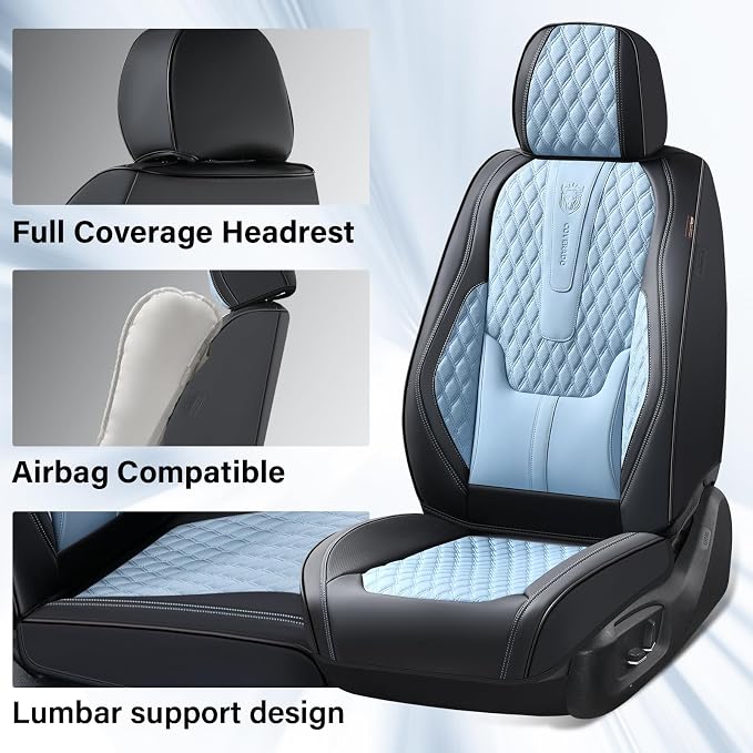 Coverado Full Set Car Seat Covers, Nappa Leather Seat Covers for Car, Waterproof Car Seat Protector with Lumbar Support, Automotive Seat Covers Universal Fit for Most Cars SUV Trucks (Black-Blue)