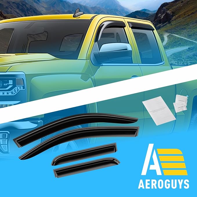 Extra Durable Window Deflectors Tape-On Window Visors Rain Guards Fit for Chevrolet (Chevy) Silverado 1500 2014-2018 Double Cab, Sun Visors, Wind Vent for Shades, Exterior Car Accessories- 4pcs.AG0019