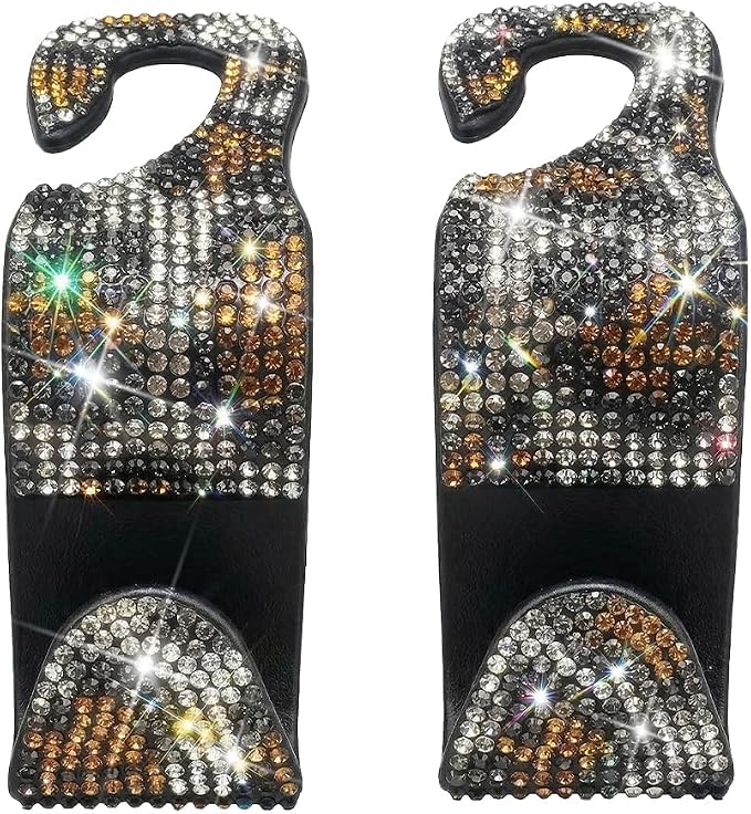 Bling Car Seat Headrest Hooks, 2PCS Leopard Print Backseat Storage Hanger Hooks for Women, Automotive Interior Rear Headrest Decoration Organizers, Universal for Vehicles (Coffee)