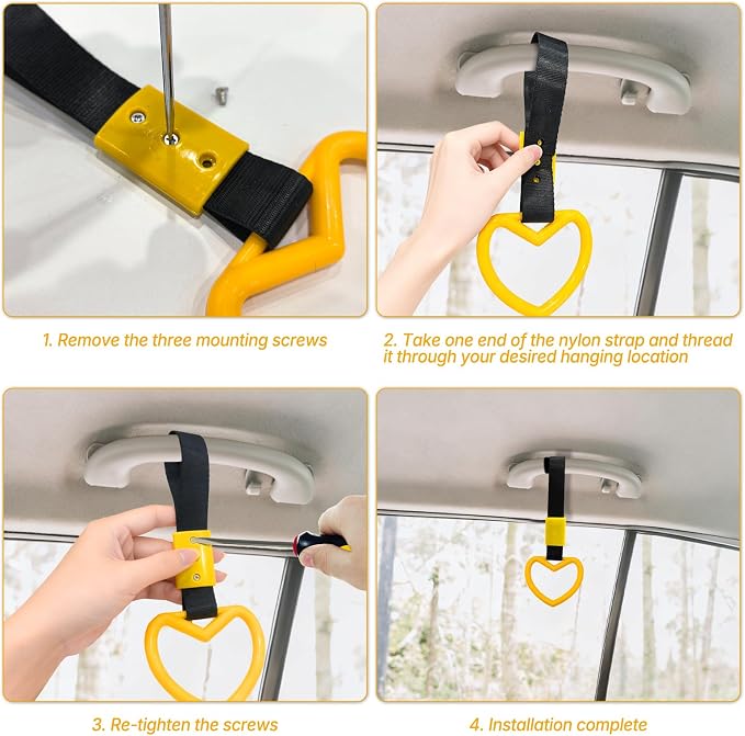 2 Pcs Heart Shaped Car Handle Strap – Drift Charm Rear Bumper Warning Ring Decor for Car Interior Exterior, Subway Bus Handle Accessory, Cute Heart Car Decor Gift for Women & Men (Yellow)
