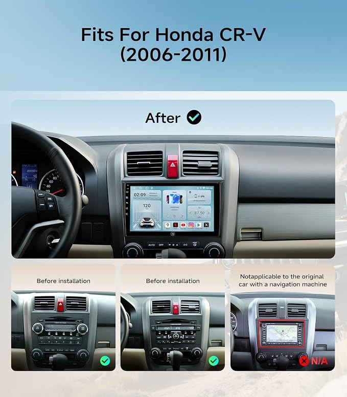 Car Radio Stereo for Honda CR-V 06-11, Wireless CarPlay & Android Auto | 9-inch IPS touchscreen, 64G storage, 5G WiFi GPS, Bluetooth FM AM SWC, plug-and-play, HD backup camera