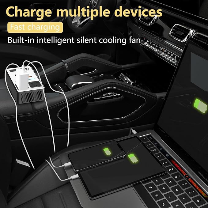 200W Car Power Inverter DC 12V to 110V AC,Cigarette Lighter Adapter Plug with [65W USB-C]/USB-Fast Charger 24W/Multiple USB/Laptop car Charger with Voltage Display