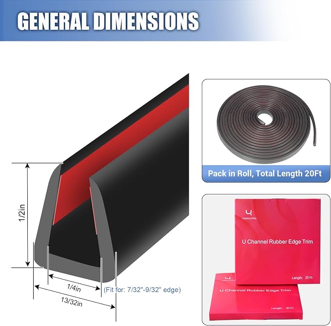 Rubber Edge Trim, Flexible Baby Proof Edge Protector, 1/4"(6mm) U Channel Edge Trim, Self-Adhesive Edge Guards for Plywood, Glass, Flexi-Glass, 20Ft, Black Color