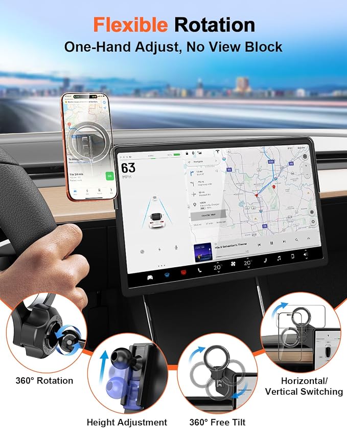 Magnetic Car Mount for Tesla Model Y 2020 2021 2022 2023 2024 & Model 3 2017 2018 2019 2020-2023: 360° Adjustable Car Touch Screen Phone Holder Made for Model 3/Y, for Magsafe iPhone Accessories