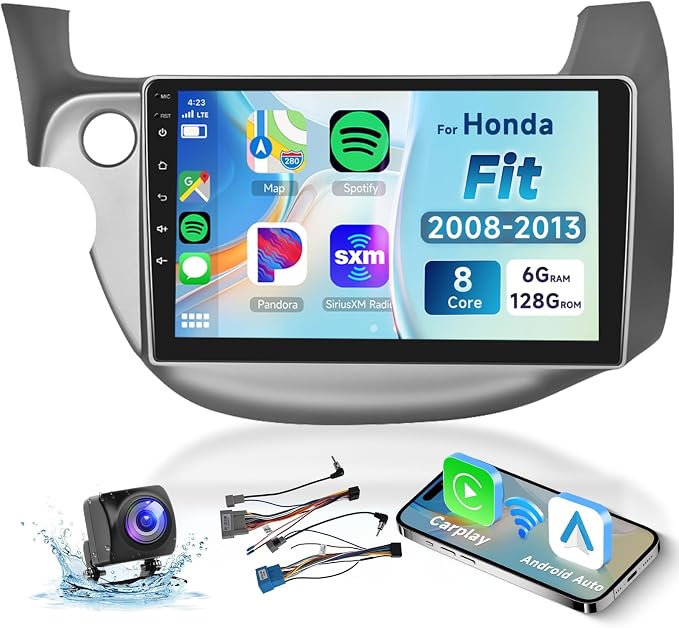 8 CORE 6G+128G Car Radio for Honda Fit 2008-2013 with Wireless CarPlay/Android Auto, 10.1” 1280 * 720P IPS Touch Screen Stereo Android 13 GPS WiFi Bluetooth DSP SWC + HD Backup Camera