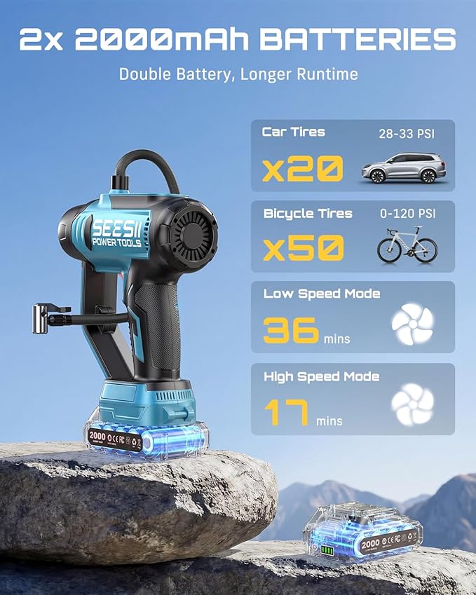 Cordless Tire Inflator Portable Air Compressor, 21V 150PSI Fast Inflation Handheld Air Pump with 20000Pa Vacuum, Dual Rechargeable Battery, Auto Shut Off, Digital Gauge, LED Light for Car, Bike