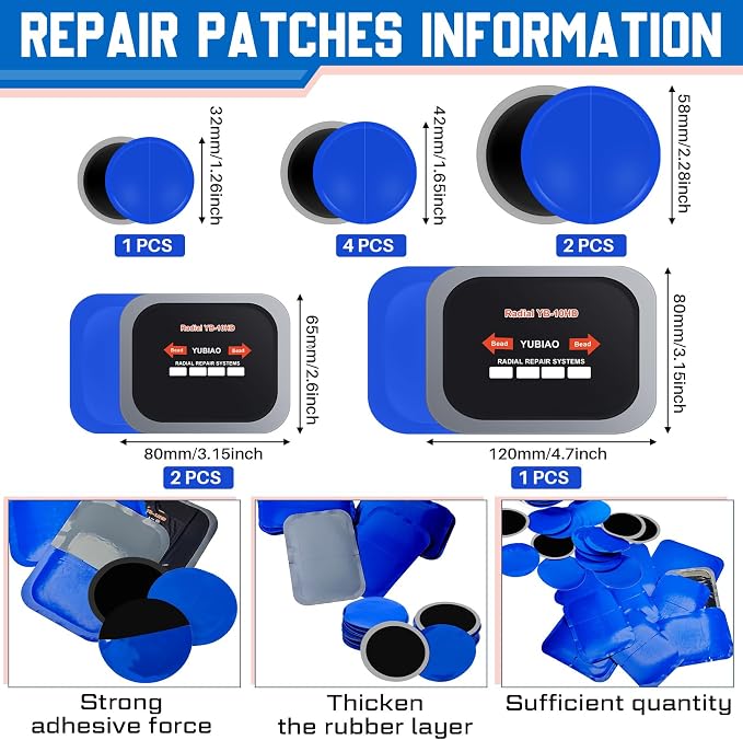 10 Pcs Tire Patches 5 Sizes Rubber Radial Tire Patch Plug Kit Heavy Duty Emergency Tool for Puncture Car Truck Bus Tractor Vehicle Motorcycle 32, 42, 58, 65x80, 85x120 mm