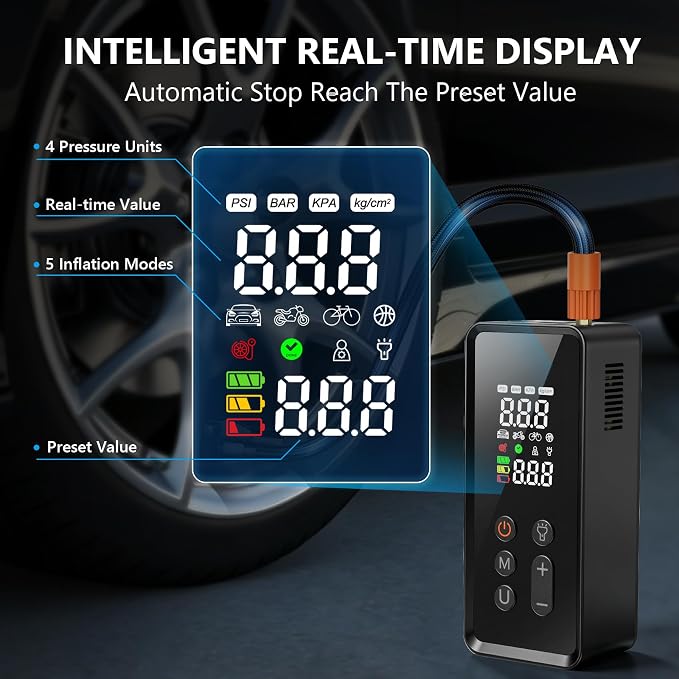 Tire Inflator Portable Air Compressor, 150PSI Cordless Air Pump for Car Tires with Digital Dual Values Display, Auto Shut Off & LED Emergency Light, Smart Air Pump for Car, Motorcycle, Bike, Ball