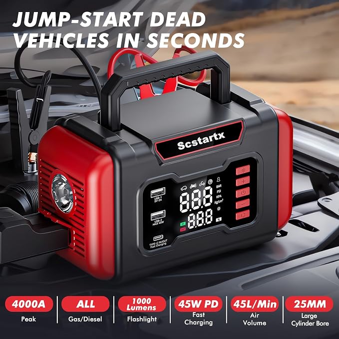 Portable Car Jump Starter Air Compressor, 4000A Peck 150 PSI Cordless Tire Inflator Battery Pump Rechargeable 12 Volt, Air Pump for Auto, Motorcycle, Bicycle, Balls with LED Light