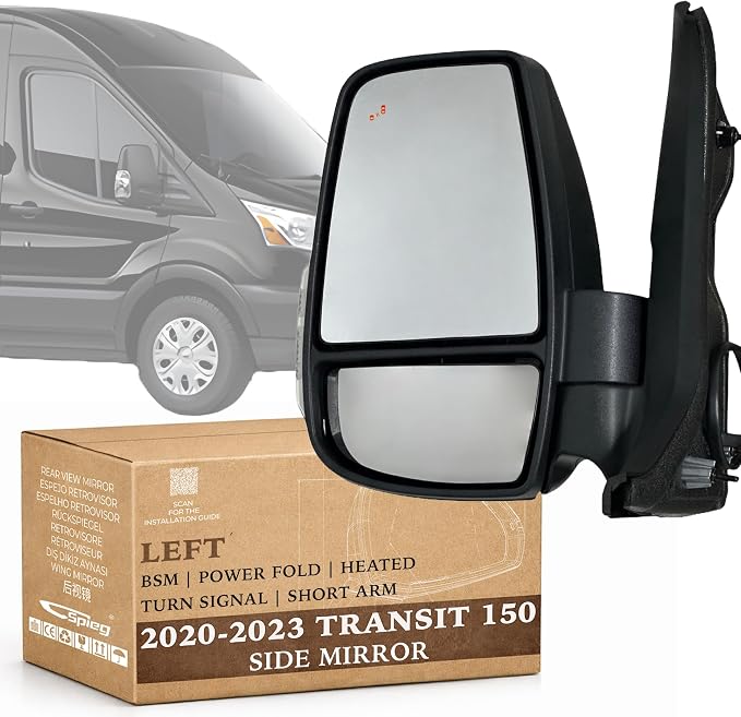 Driver Side Mirror for 2020-2023 Ford Transit 150 250 350 Short Arm with Power Folding Blind Spot Monitoring BSM Turn Signal Textured Black 10 Pins Left FO1320654