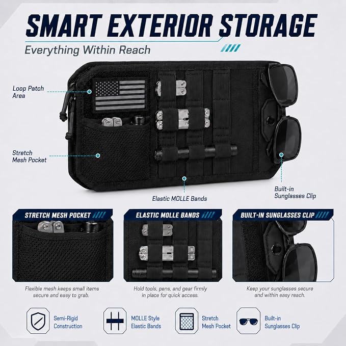 MOLLE Car Sun Visor Organizer with Semi-Rigid Panel, Zipper Storage Pouch & Glasses Holder, Adjustable Straps for Police Gear, Overland Accessories, Fits Trucks, SUVs, Jeeps,Pickups