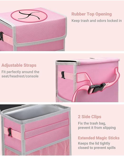 Car Trash Can with Lid, Leakproof Car Trash Bag Hanging Waterproof Automotive Garbage Can with Storage Pockets Mini Vehicle Trash Bin for Back/Front Seat(Pink,2.5 Gallon)