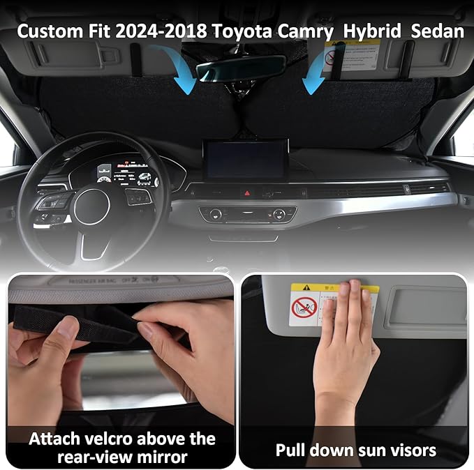 Windshield Sun Shades Custom Fit for Toyota Camry 2007-2017- Sunshade for Front Window Cover - Double Layer Heat Shield Sun Visor Cool Car Accessory