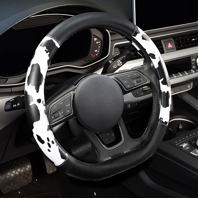 Cow Print Steering Wheel Cover, D Shaped Car Wheel Cover Microfiber Leather 14 1/2-15 in (37-39 cm)