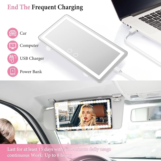 2PCS Car Sun Visor Vanity Mirror - Rechargeable Makeup Mirror with 60 LEDs, 3 Light Modes & Dimmable Touch Control for Cars, Trucks, SUVs, Car Interior Accessories for Women (Grey)