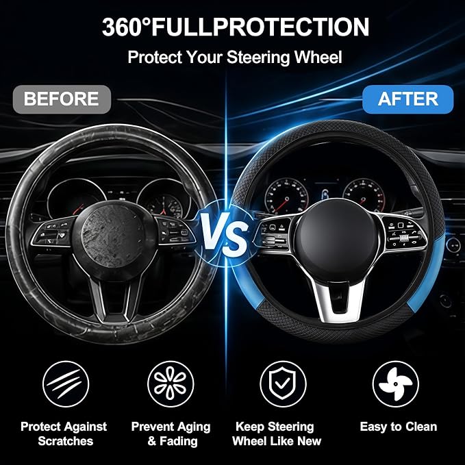 Car Steering Wheel Cover, 15 inch Carbon Fiber Microfiber Anti-Slip Breathable PU Leather Elastic Steering Wheel Protector, Car Interior Accessories for Most Cars (AD-Blue)