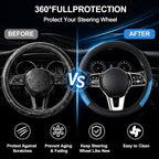 Car Steering Wheel Cover, 15 inch Carbon Fiber Microfiber Anti-Slip Breathable PU Leather Elastic Steering Wheel Protector, Car Interior Accessories for Most Cars (AD-Blue)