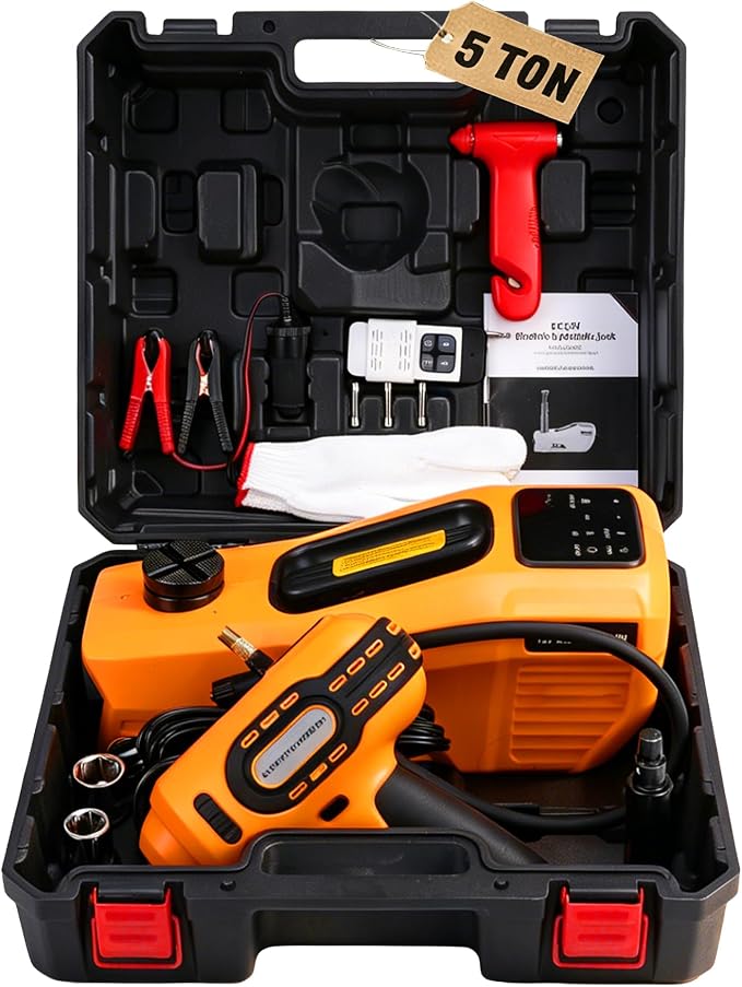 Electric Car Jack 5 Ton 12V Hydraulic Jack Lift with Impact Wrench Touch Screen Tire Inflator Pump Wireless Remote 3 Mode LED Light for Roadside Tire Change Cars Sedans SUVs MPVs Trucks