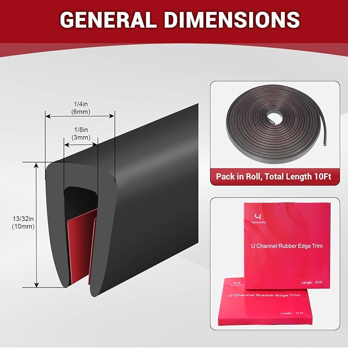 Rubber Edge Trim, 1/8" (3mm) Self Adhesive Flexible U Channel Edge Protecter for Sheet Metal, Glass, Flexiglass and Plywood, Fit for 7/64"-5/32" Width Edge, Black Color, 10Ft, EPDM Material