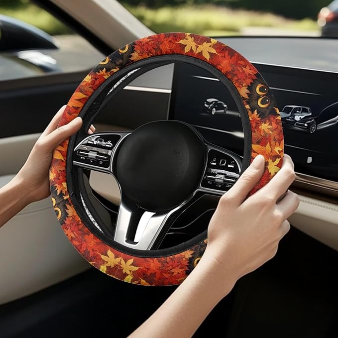Maple Leaf Car Steering Wheel Cover Sweat Absorption Safe Driving | Fall Decor, Universal 14-15 inch Stretch-on Fabric, Keep Safe Steering Wheel Protector for Women