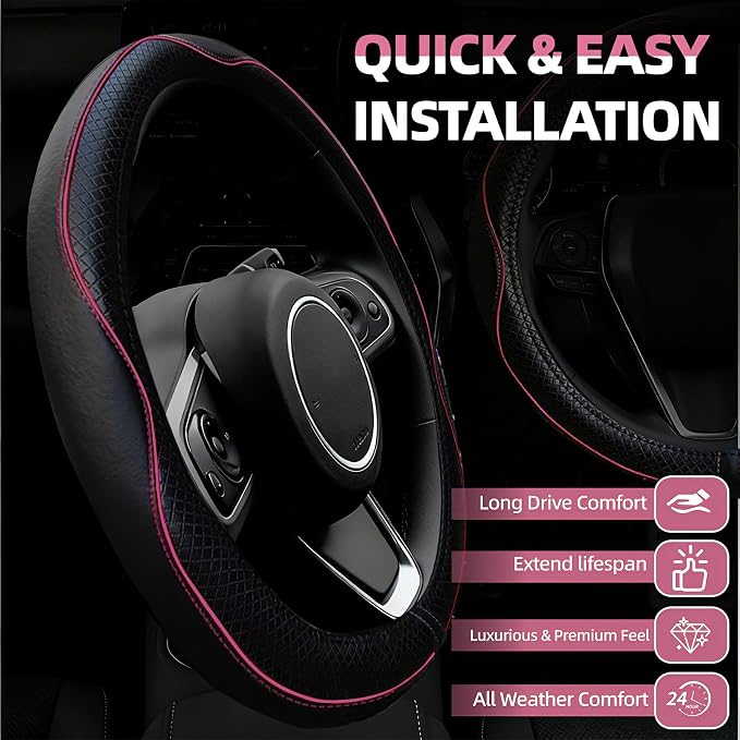 6 PCS Car Steering Wheel Cover Set, Microfiber Leather Steering Wheel Covers Universal 14.5-15 inch, Center Console Cover, Seat Belt Cushion, Cup Holder Coaster, Car Accessories Set Pink