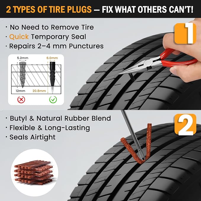 Heavy Duty Tire Plug Kit - 70pcs All-in-One Universal Tire Repair Kit for Tubeless Flats, Emergency Tire Patch Kit for Car, Truck, SUV, ATV, Motorcycle, Trailer & RV