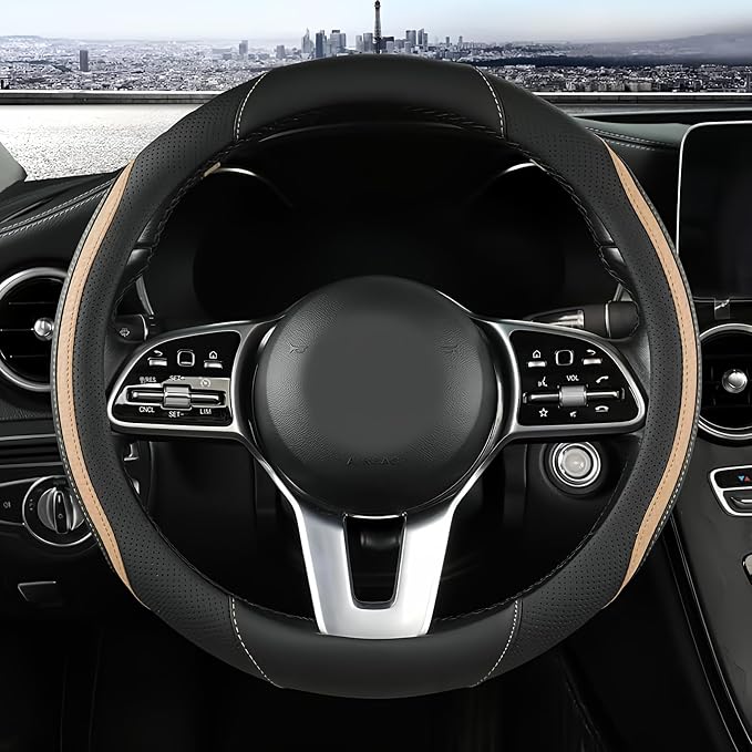 Car Steering Wheel Cover, Leather Steering Wheel Cover Beige Universal 14.5-15 Inch Microfiber Leather Anti-Slip Breathable Auto Steering Wheel Covers for Men Women (Black&Beige)