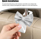 2PCS Bling Bow Car Seat Headrest Hooks, Crystal Rhinestone Vehicle Rear Seat Hanging Storage Hooks for Purses Bags Coats, Auto Headrest Storage Organizer, Universal Fit (White)