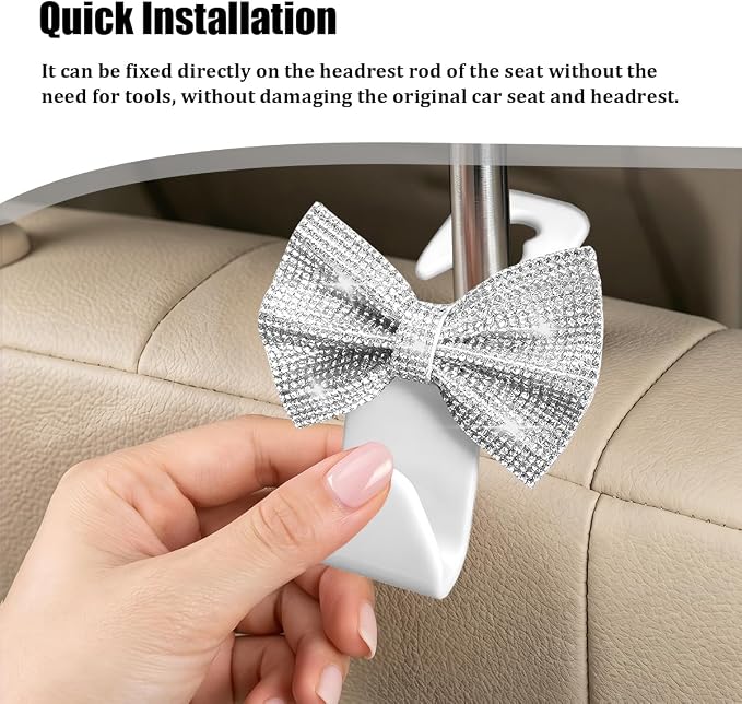 2PCS Bling Bow Car Seat Headrest Hooks, Crystal Rhinestone Vehicle Rear Seat Hanging Storage Hooks for Purses Bags Coats, Auto Headrest Storage Organizer, Universal Fit (White)