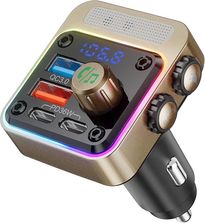 54W Bluetooth 5.3 Car Adapter with 4 Charging Ports [PD 36W & QC3.0 18W], Wireless Radio FM Transmitter with Deep Bass Player & 5 Colors LED Backlit, Hands-Free Calling - Gold
