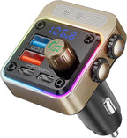 54W Bluetooth 5.3 Car Adapter with 4 Charging Ports [PD 36W & QC3.0 18W], Wireless Radio FM Transmitter with Deep Bass Player & 5 Colors LED Backlit, Hands-Free Calling - Gold