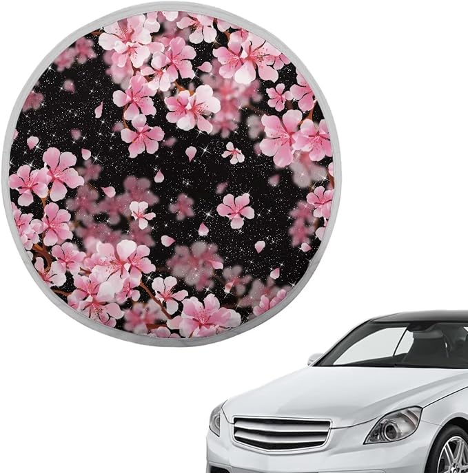 Pink Cherry Blossom Steering Wheel Cover Sun Shade 17 inch Cooling Steering Wheel Cover for Summer Anti-Heat Sun Block Car Steering Wheel Accessories for Women Universal Fit