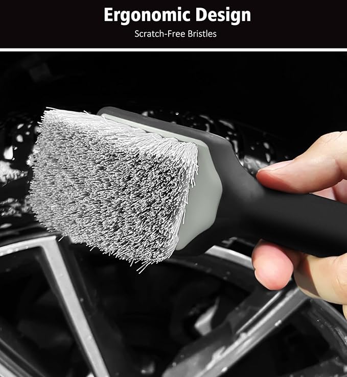 5PCS Pro Wheel Detailing Kit | 360° Bendable Rim Cleaner Brush, Premium Boar Hair Brush & Tire Shine Applicator | Microfiber Scratch-Free Wheel and Tire Brush Set for Cleaning Wheels,Tires