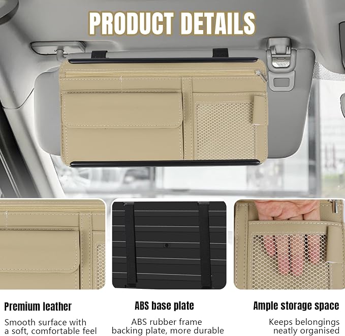 Car Visor Organizer, Leather Multi-Pocket Auto Sun Visor Storage Pouch with Sunglasses Holder, Card Holder, Zipper Pocket, Net Pocket, Pen Slot, Universal Interior Car Accessories (Beige)