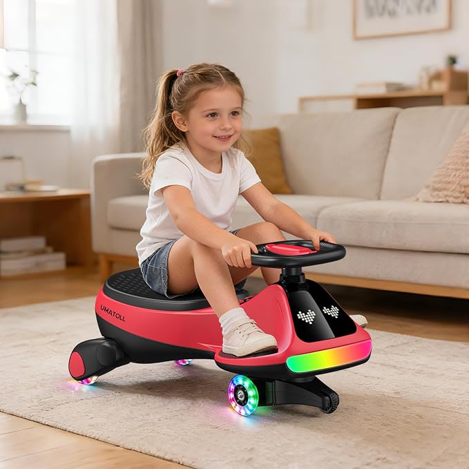 12V Electric Wiggle Car for Kids with Pedal, Display, Rechargeable Battery, LED Light, Bluetooth, Light-Up Wheels, Anti-Rollover, 2 Speeds, Ride on Toys, Birthday Gifts for Age 3+, 150Lbs