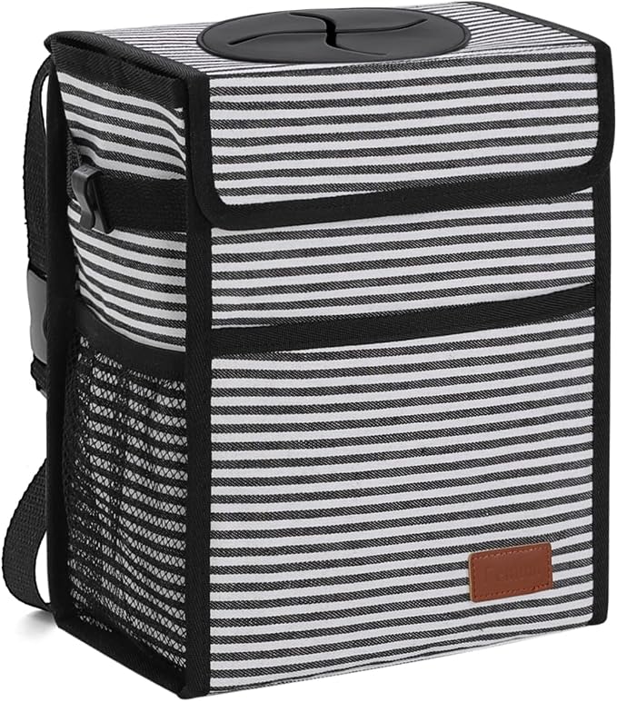 Femuar Car Trash Can with Lid - Leak Proof, Waterproof, Multipurpose Car Hanging for Headrest, Collapsible, Portable with Storage Mesh Pocket, Stripe