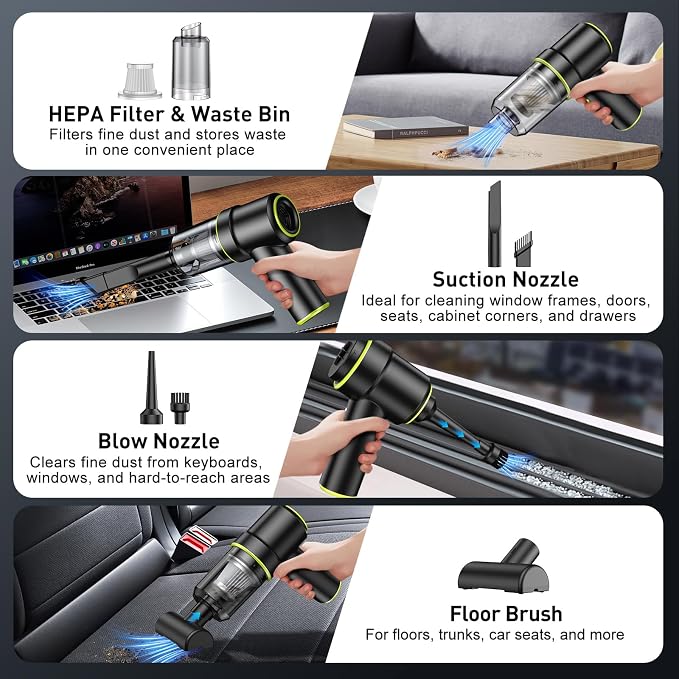 Handheld Car Vacuum Cleaner, 9000PA Vacuum Cleaner & Air Duster, 120W High Power Vacuum Portable Cordless, Hand Held Vacuum Rechargeable with Multi-Nozzles & LED Light for Home, Car, Office