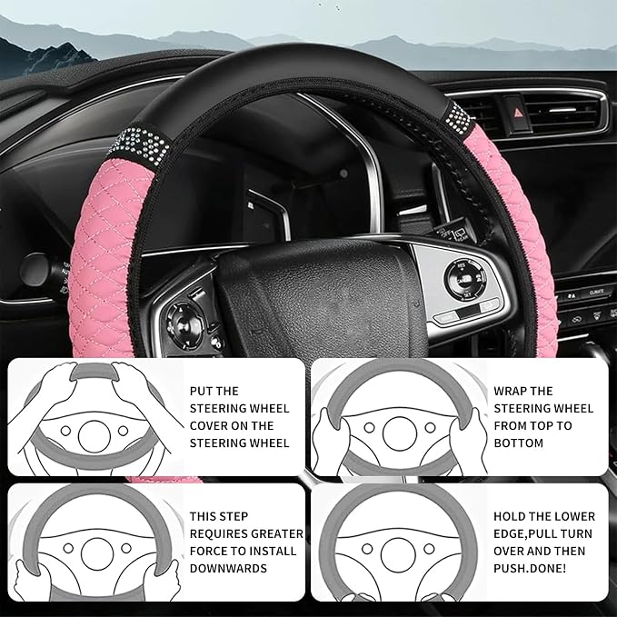 Bling Car Steering Wheel Cover, 15 Inch Rhinestones Soft Leather Elastic Steering Wheel Protector, Sparkly Crystal Diamond for Women, Car Interior Accessories for Most Cars (Pink)