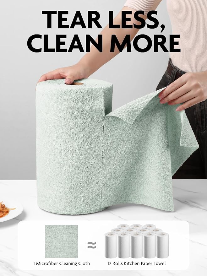 Microfiber Cleaning Cloth Roll- 75 Sheets, 12"x12"(MossGreen) | Super Absorbent, Lint-free, Tear-away Microfiber Towel Roll, for All-Purpose Cleaning, Reusable Alternative to Paper Towels