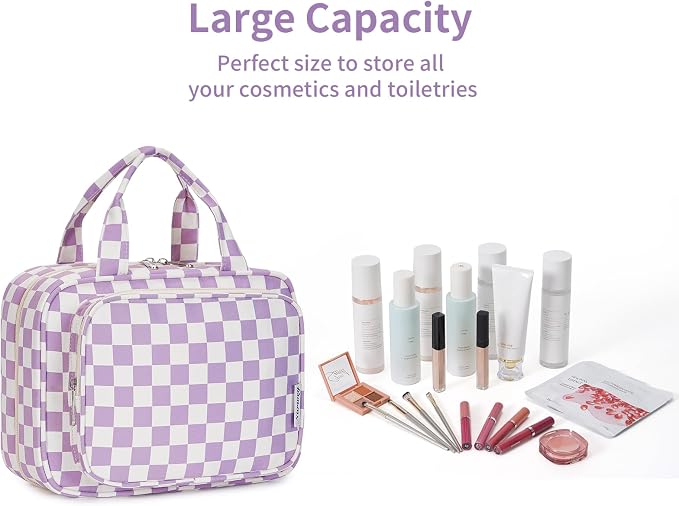 Hanging Toiletry Bag for Women Travel Makeup Bag Organizer Toiletries Bag for Travel Size Essentials Accessories Cosmetics (Purple Checkerboard (Medium))
