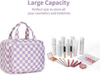 Hanging Toiletry Bag for Women Travel Makeup Bag Organizer Toiletries Bag for Travel Size Essentials Accessories Cosmetics (Purple Checkerboard (Medium))