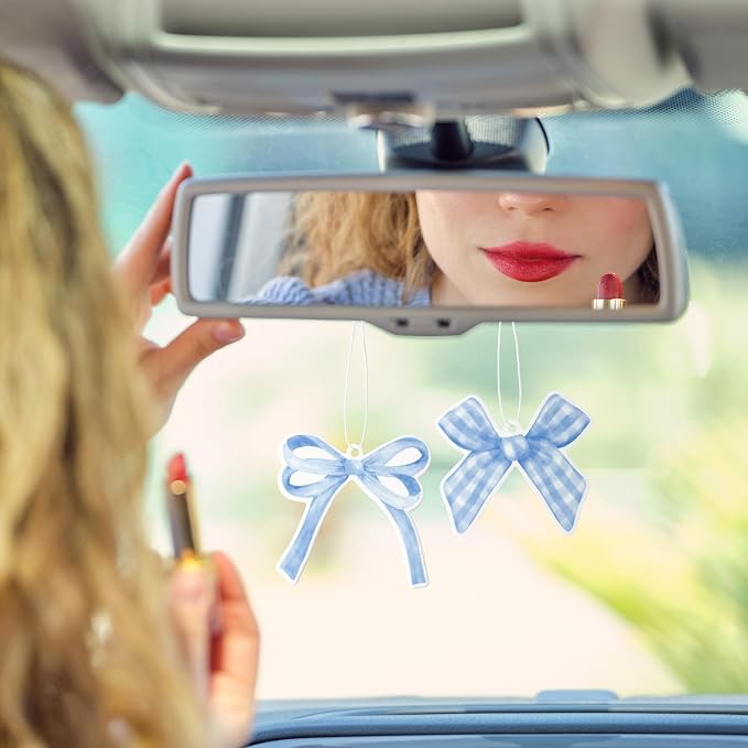 12Pcs Blue Coquette Bow Air Freshener Hanging, Light Blue Aesthetic Diffuser Ornaments Refresh Air Fragrant Pendant, Car Interior with Essential Oils Gift Set Long-Lasting for Car Accessories