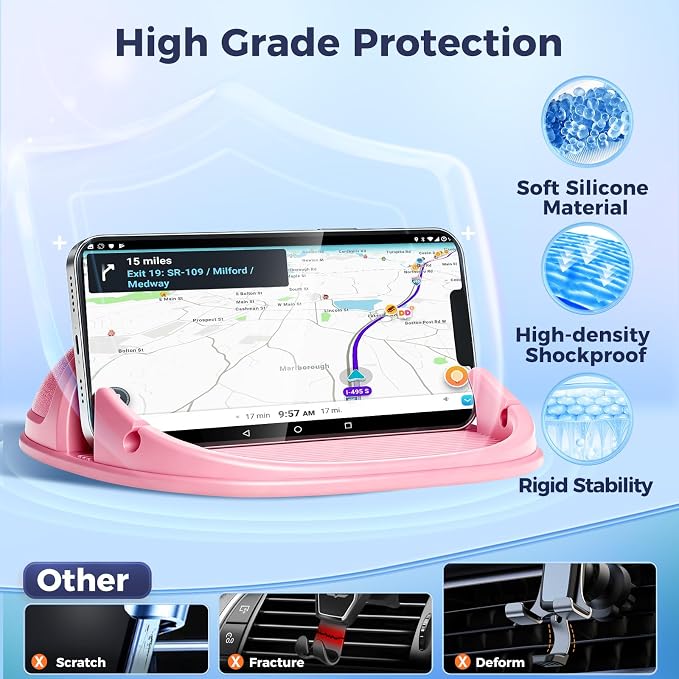 Car Phone Holder, Car Phone Mount Silicone Car Pad Mat for Various Dashboards, Slip Free Phone Stand Compatible with iPhone, Samsung, Pink