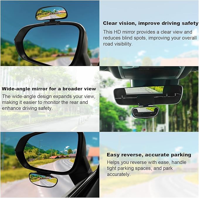 Blind Spot Mirror, HD Glass Frameless Convex Rear View Mirrors Exterior Accessories with Wide Angle Adjustable Stick for Car SUV and Trucks, Black