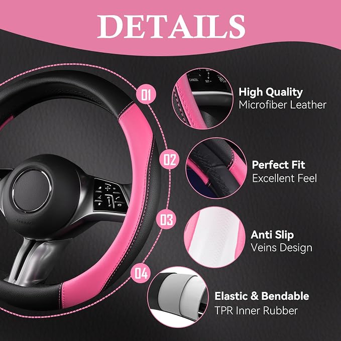 Faux Leather Steering Wheel Cover and Waterproof Car Floor Mats,Universal Car Combo Fit for 95% Sedan,SUV,Cars,14.5-15inch Sporty Anti-Slip Safety Comfortable Design(Black＆Pink)