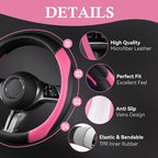 Faux Leather Steering Wheel Cover and Waterproof Car Floor Mats,Universal Car Combo Fit for 95% Sedan,SUV,Cars,14.5-15inch Sporty Anti-Slip Safety Comfortable Design(Black＆Pink)