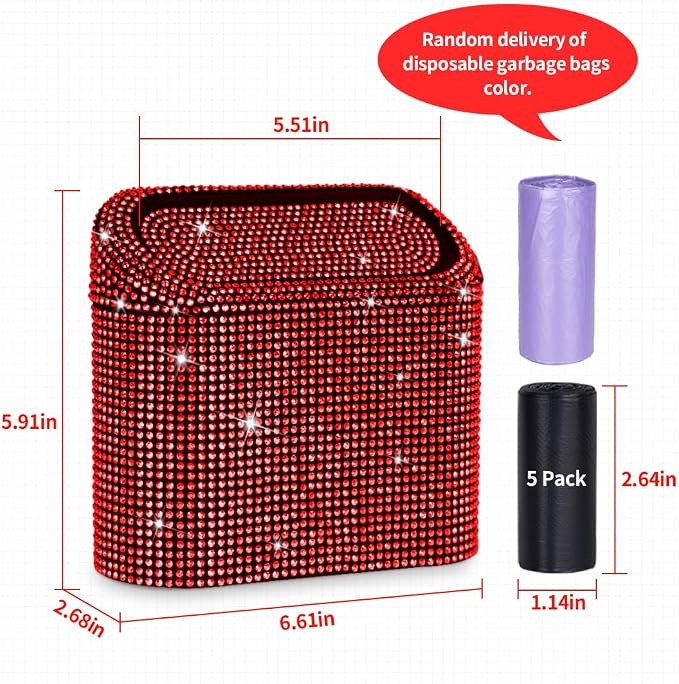 Car Trash Can with Lid, Bling Crystal Mini Vehicle Trash Bin Car Dustbin Garbage Organizer, Automotive Garbage Can Bin Trash Container for Auto Cars, Home, Office - Red …