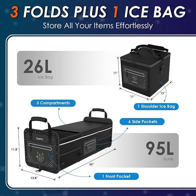 Car Trunk Organizer | Foldable, Waterproof | Trunk Organizer for SUV/Cars | Car Organizers & Storage - Car Accessories for Women -M004 (Black With Ice Pack, X-Large)
