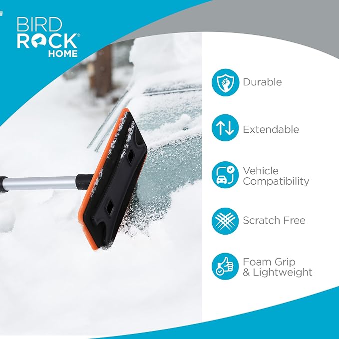 36" Extendable Snow Pusher Brush & Detachable Ice Scraper for Cars | Aluminum Grip for Car, Truck, SUV | Safe on Auto Windshield & Windows | Wide Frost Remover for Semi & Small Vehicles